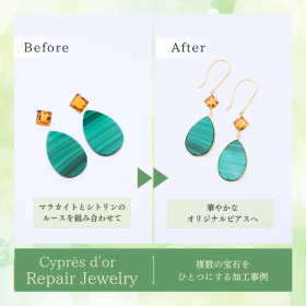 埼玉県浦和にある町のジュエリーショップ【シプレ ド・オール】シトリンとマラカイトのルースを組み合わせてピアスへ修理加工