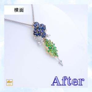 複数のジュエリーを組み合わせて作った、プラチナ製ペンダントのジュエリーリフォーム画像。ブルーダイヤモンドとメレダイヤを添えた Before・After の比較。