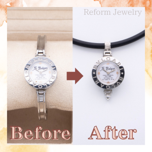 時計の文字盤を使用したペンダントリフォームの完成品写真。ヴァチカンと下部パーツを加えたネックレス。