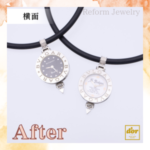 時計の文字盤を使用したペンダントリフォームの完成品写真。ヴァチカンと下部パーツを加えたネックレス。