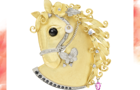 2026年干支 丙午 馬モチーフ K18ブローチ兼ペンダント 花と蝶 ダイヤモンド 浦和 シプレドオール